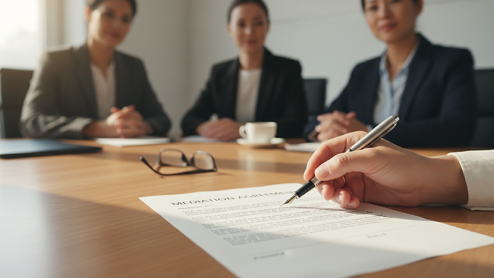 Close-up view of a mediator’s hand holding a pen over a mediation agreement document