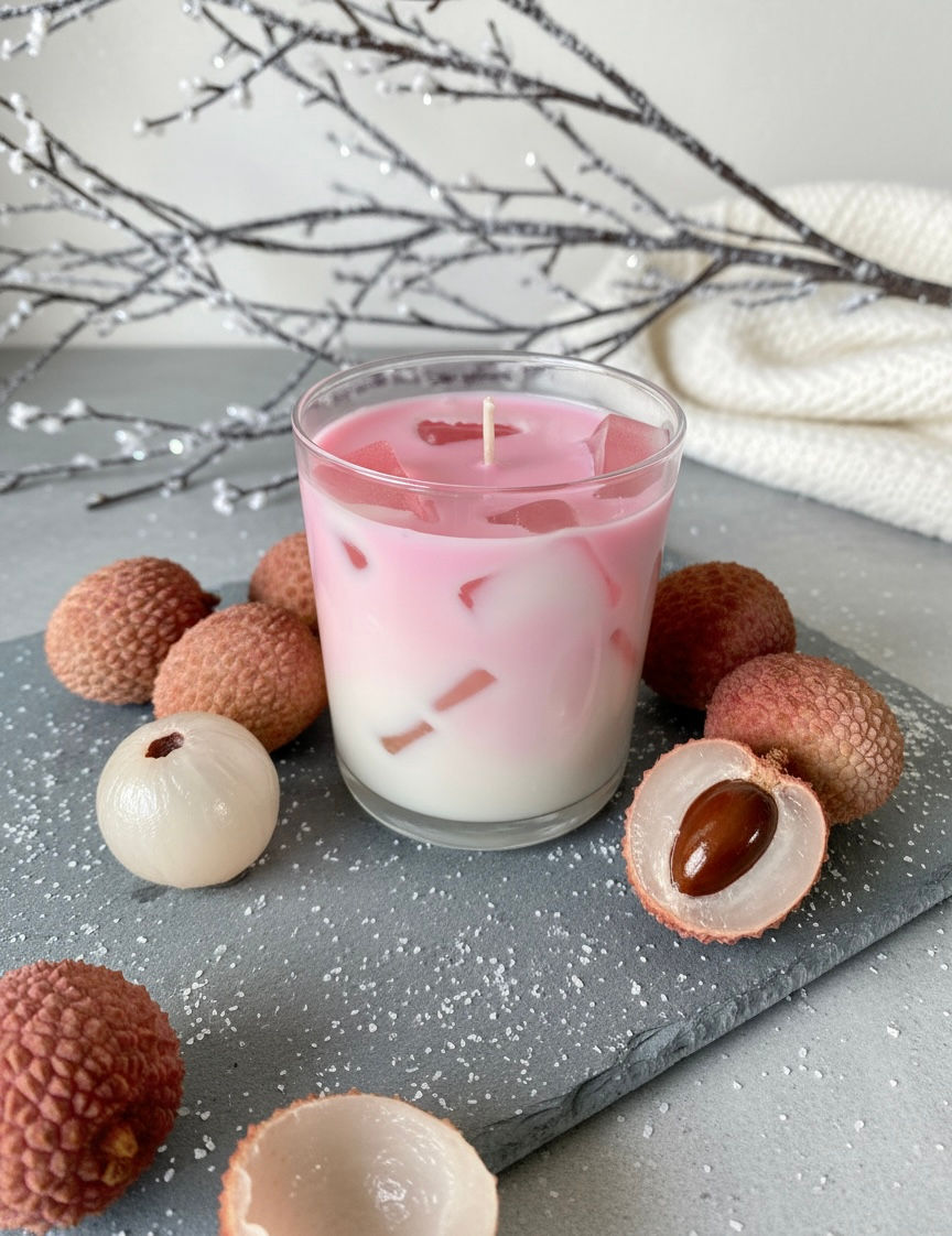 Bougie parfumée Litchi Épicé Latte artisanale en cire de soja – Melted Drinks
