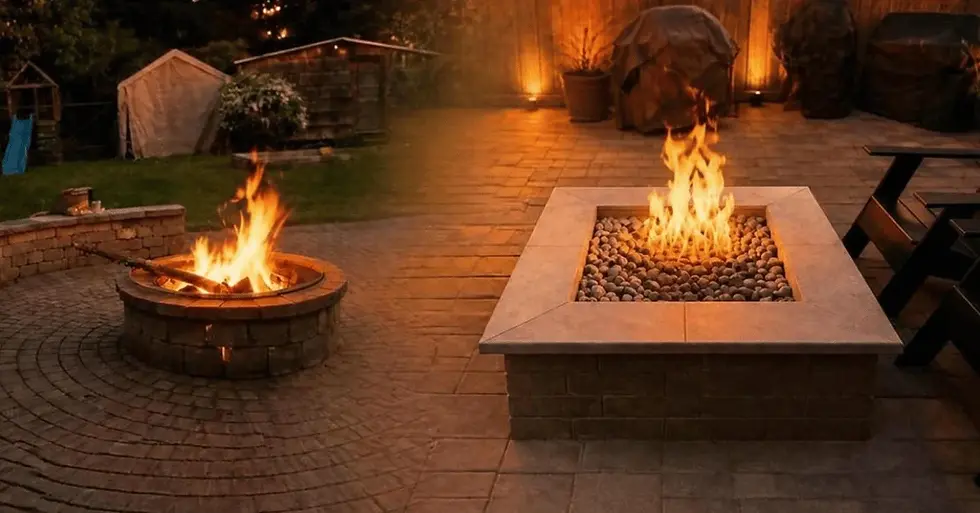 Side-by-side comparison of wood-burning and gas fire pits installed on custom paver patios.