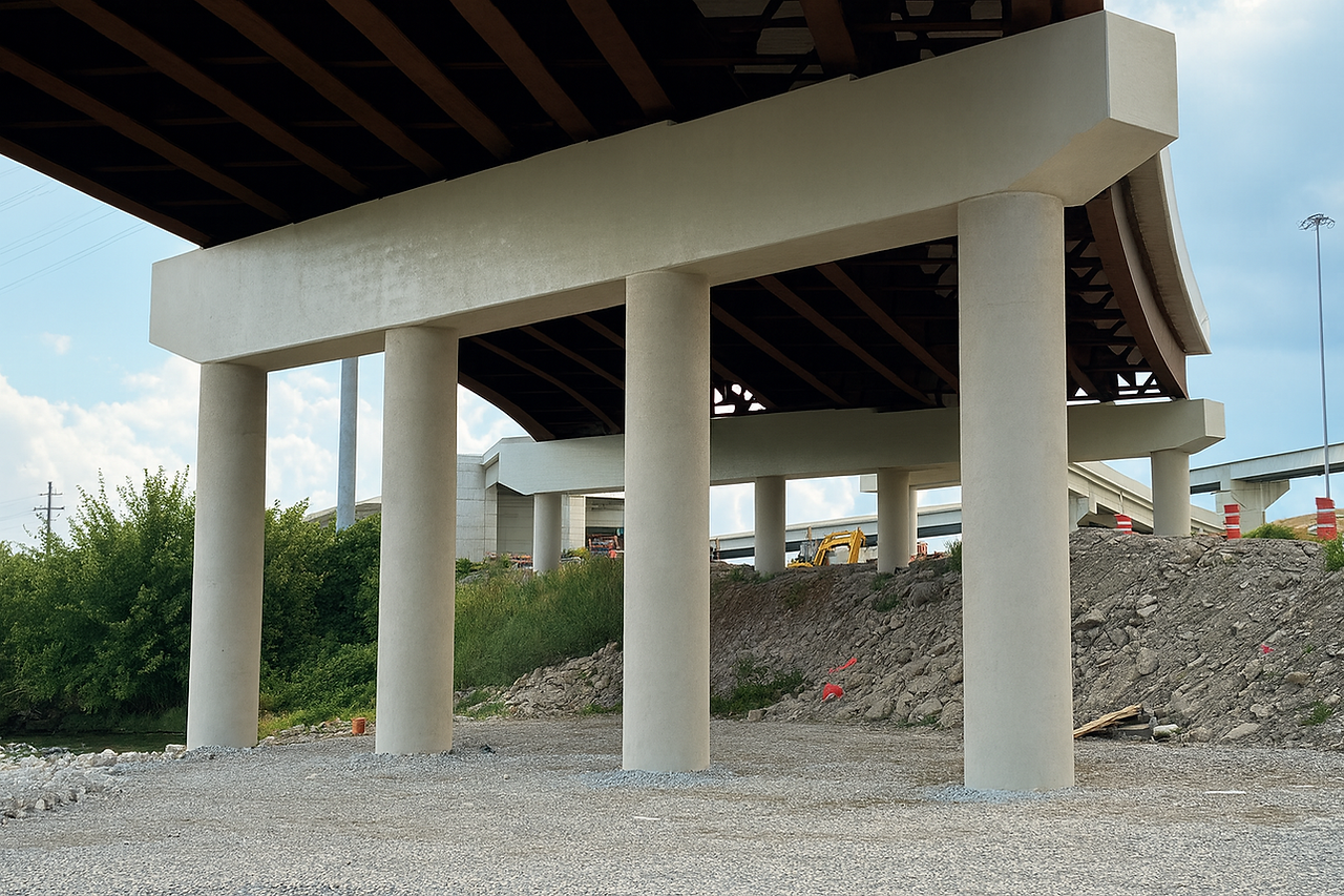 Overpass columns with CFRP reinforcement concealed under protective coating, providing durability and a clean architectural finish