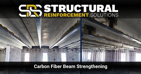 Carbon fiber reinforcement installed on precast concrete beams during a commercial building strengthening project, showing CFRP strips applied to increase flexural capacity.