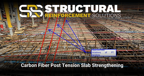 Construction site slab with identified missing post-tension tendons before carbon fiber strengthening installation.