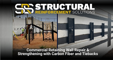 Carbon fiber reinforcement strips installed on a bowing retaining wall at an Oregon elementary school prior to structural tieback installation.
