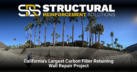 Carbon fiber reinforced retaining wall repair in Palm Springs, CA, showing CFRP vertical and horizontal strengthening on a failing concrete wall.