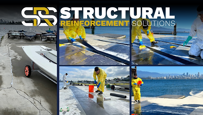 Crew installing carbon fiber reinforcement on a cracked concrete dock surface at a marina to restore structural integrity.