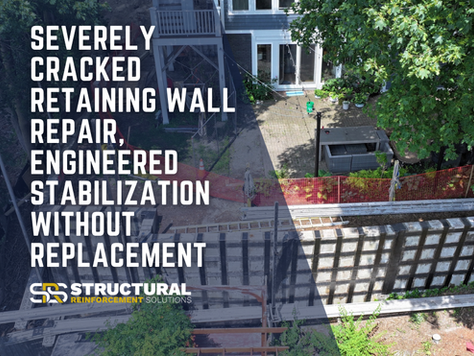 Arial view of retaining wall on a steep hillside that has been repaired and reinforced with Carbon Fiber