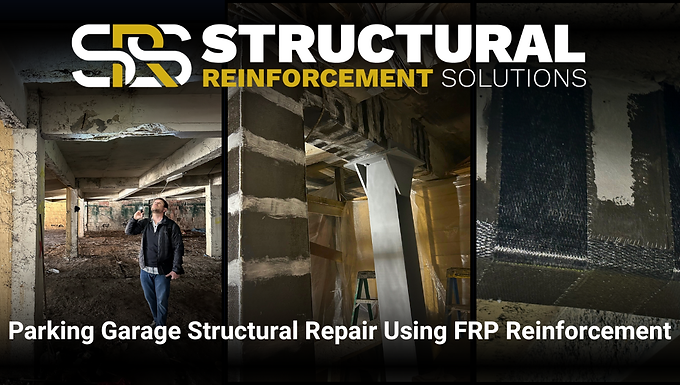 Parking garage structural repair using FRP reinforcement, showing deteriorated concrete columns, carbon fiber wrap installation, and completed CFRP strengthening performed by SRS.