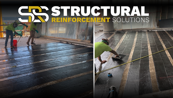 Construction site slab with identified missing post-tension tendons before carbon fiber strengthening installation.