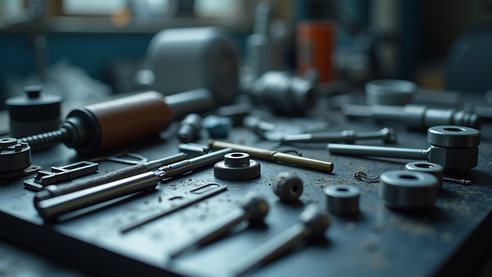 Close-up view of precision engineering tools and components on a workbench