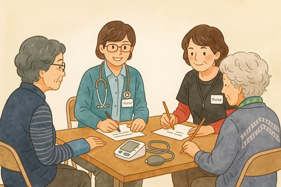 看護師が血圧計と聴診器で参加者の健康チェックを行う地域健康講座の受付風景（お達者倶楽部）