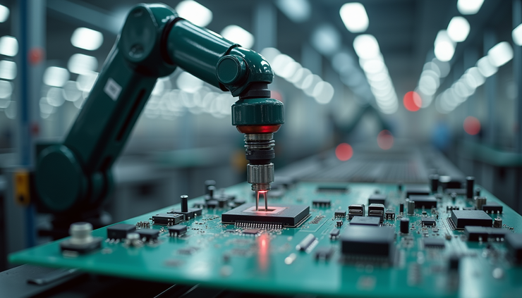 Eye-level view of a robotic arm assembling electronic components on a factory line