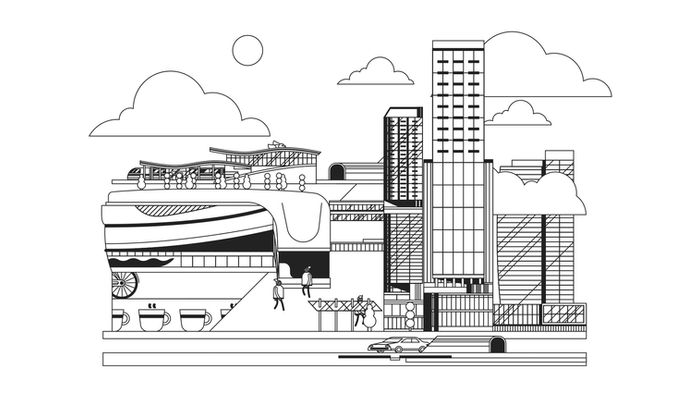 Illustration of Edmonton's Ice district in black and white