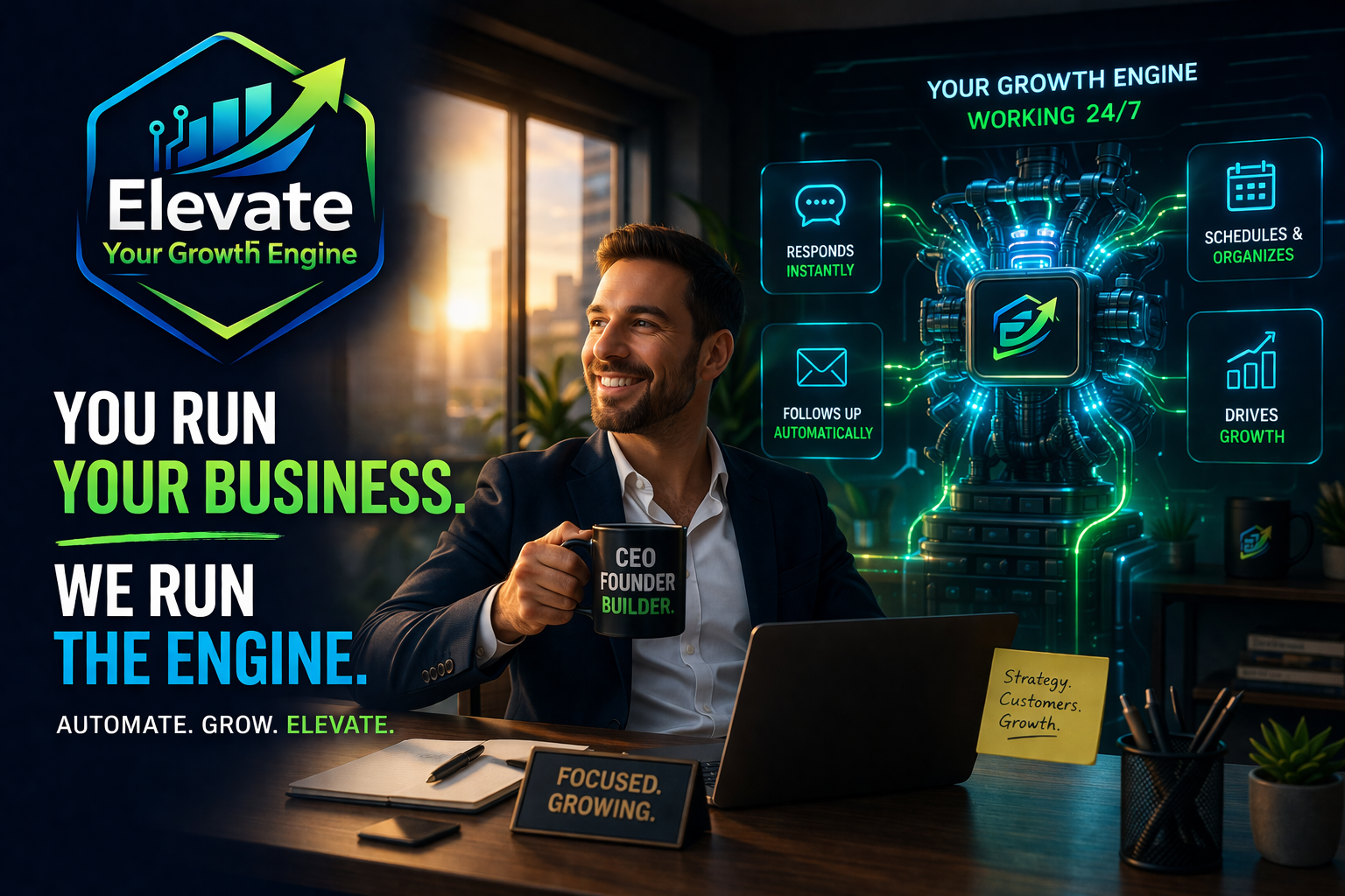 Elevate! Your Growth Engine logo displayed on a planner in a warm, human workspace with sticky notes and folders.