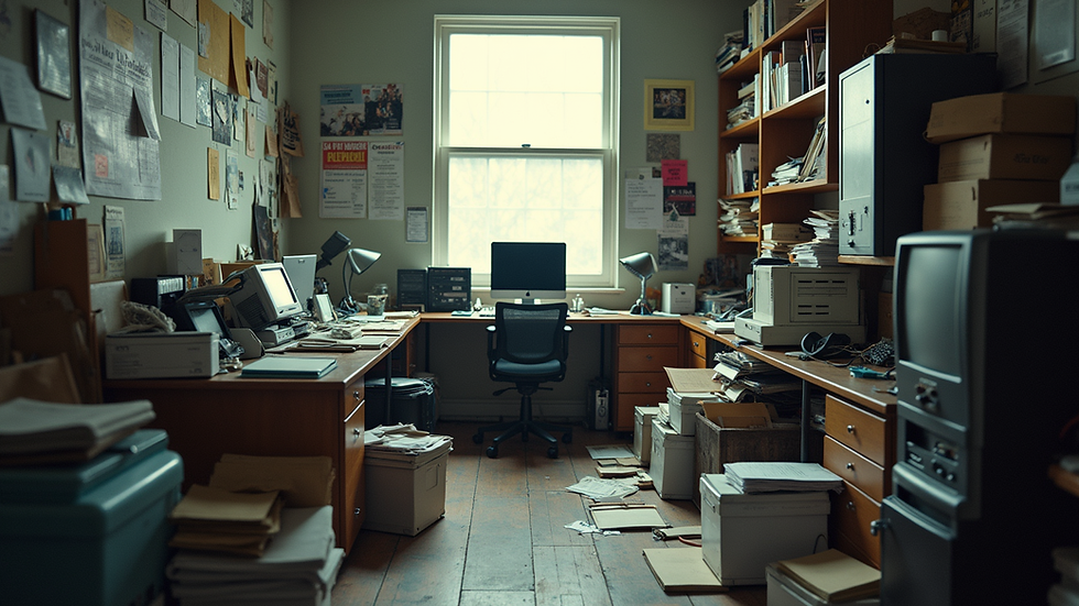 Eye-level view of a cluttered junkyard office with paperwork and computer