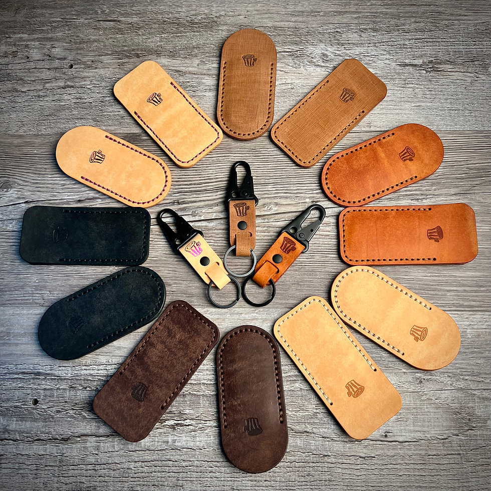 Thumbnail: Small batch laser cut leather pouches and key fobs