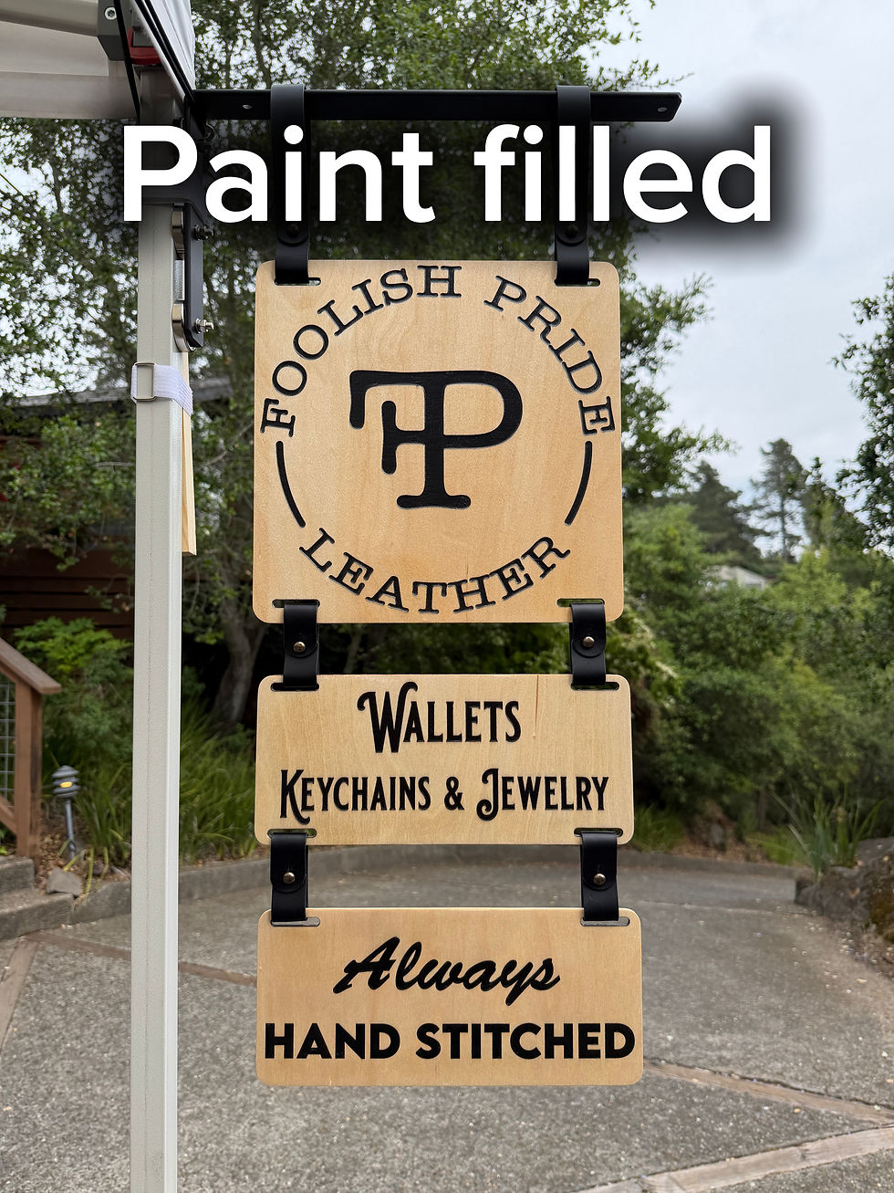 Laser cut market sign for Foolish Pride Leather