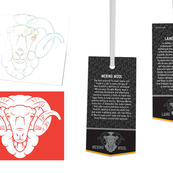 A sketch and digital illustration of a Merino sheep with a clothing hang tag using the final design.