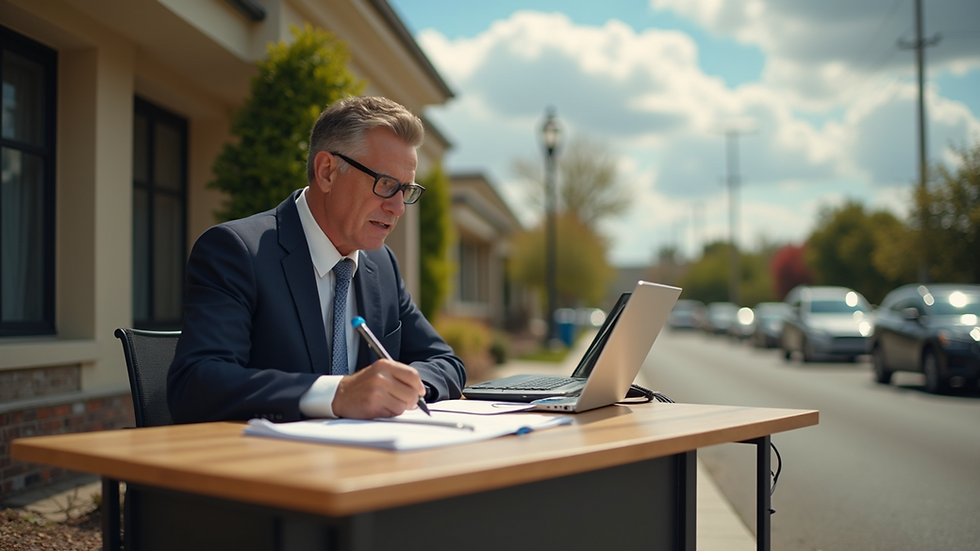 Wide angle view of a mobile notary office setup outdoors
