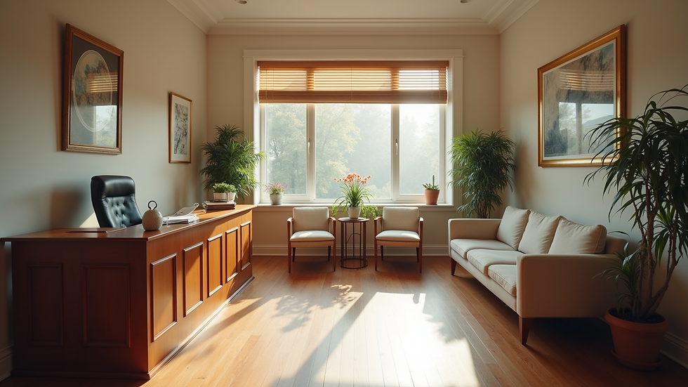 Wide angle view of a notary office with a welcoming reception area