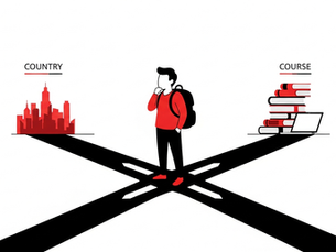 Vector illustration of a student at a crossroads deciding between 'Country' path and 'Course' path for study abroad 2026
