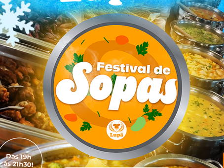 Logotipo do Festival de Sopas da Lupã. No fundo, imagens do Festival mostram sopas e acompanhamentos.