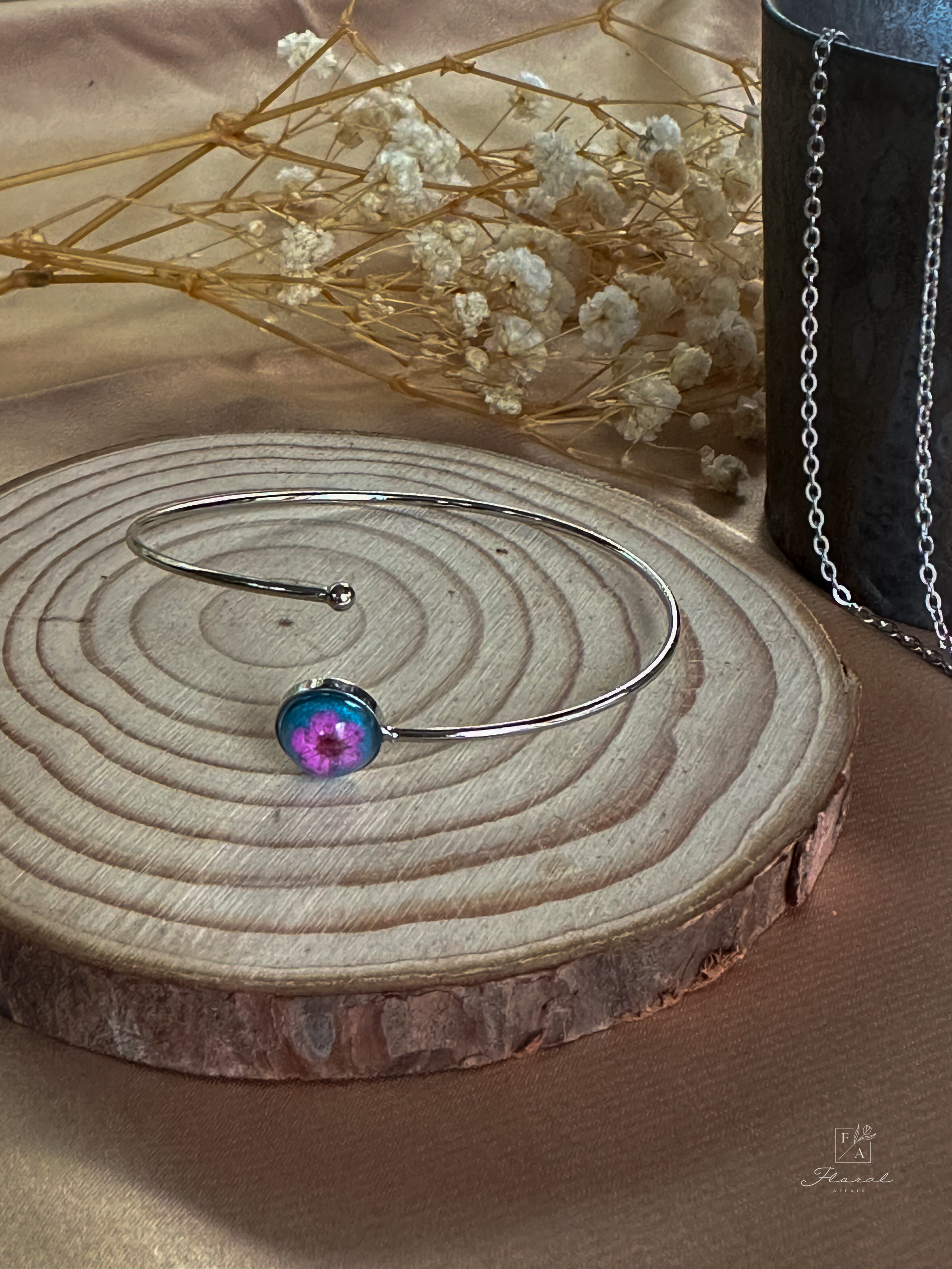 Pressed Pink Plum Flower in Blue Resin Bracelet Jewelry
