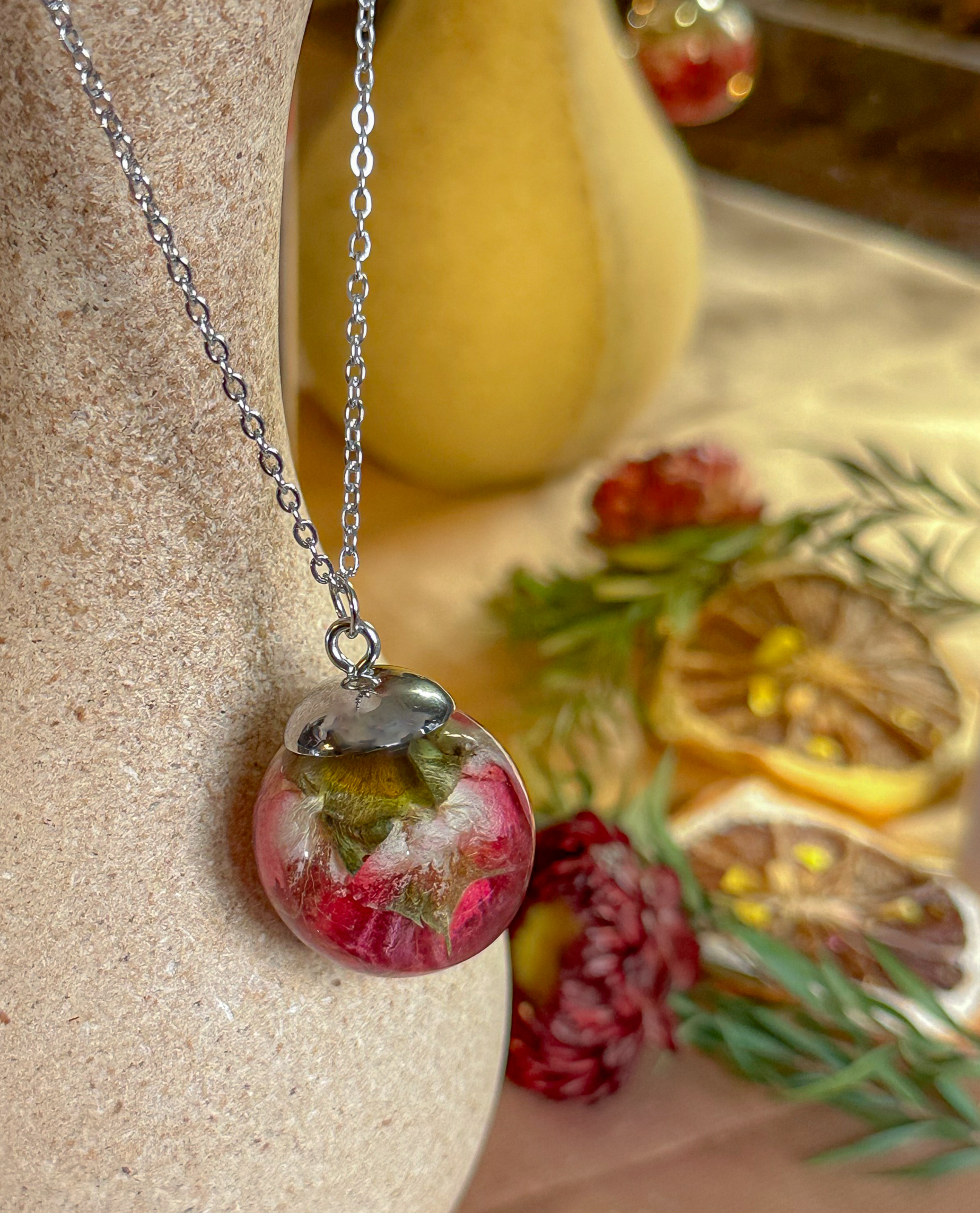 Real Dried Rose Floral Round Necklace