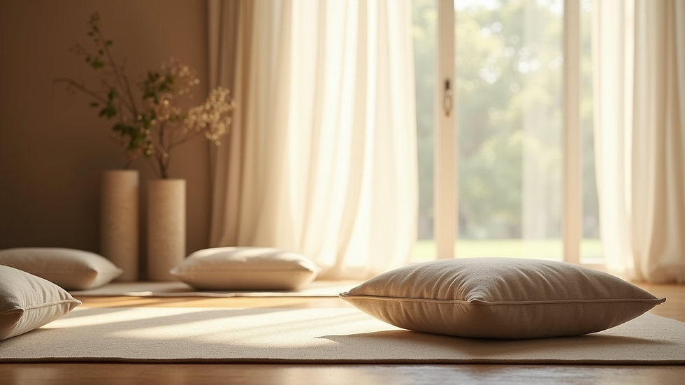 Eye-level view of a serene meditation space with cushions and soft natural light
