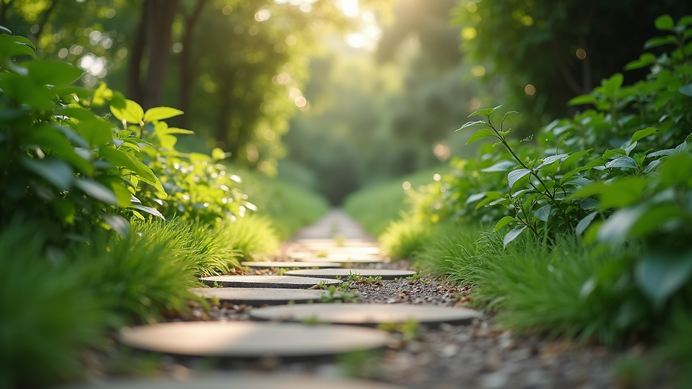 Eye-level view of a serene garden path surrounded by lush greenery