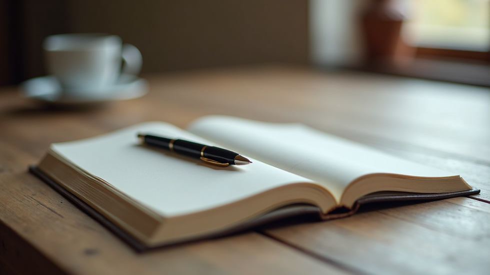 Close-up view of a journal and pen on a wooden table, symbolizing reflection and stress management