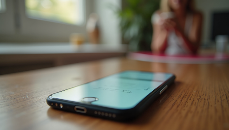Eye-level view of a smartphone displaying a dating app interface on a wooden table