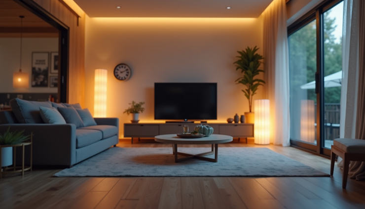 Eye-level view of a modern living room with smart devices integrated into furniture and lighting