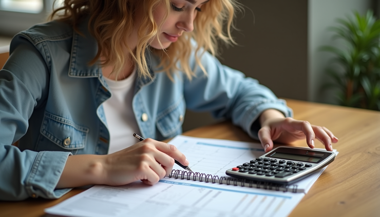 Eye-level view of a young adult reviewing a budget planner with a calculator on a wooden table