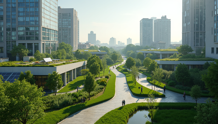 Eye-level view of a city park with green rooftops and solar panels on buildings