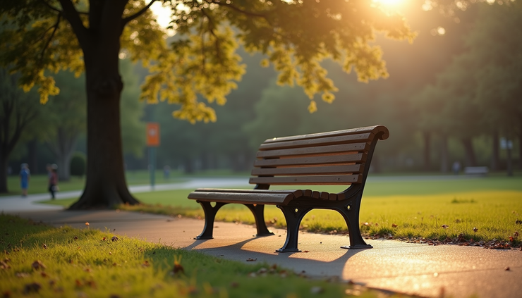Eye-level view of a single empty park bench under soft afternoon light