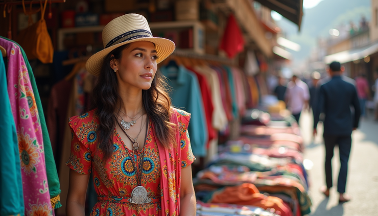 Eye-level view of a street market stall displaying colorful fusion fashion garments
