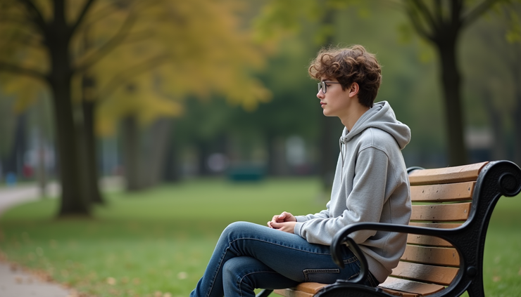 Eye-level view of a young person sitting alone on a park bench, looking thoughtful and contemplative