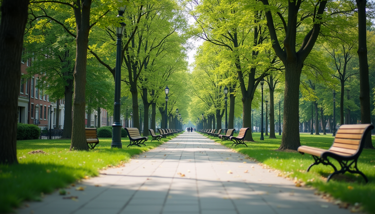 Eye-level view of a city park with trees, walking paths, and benches