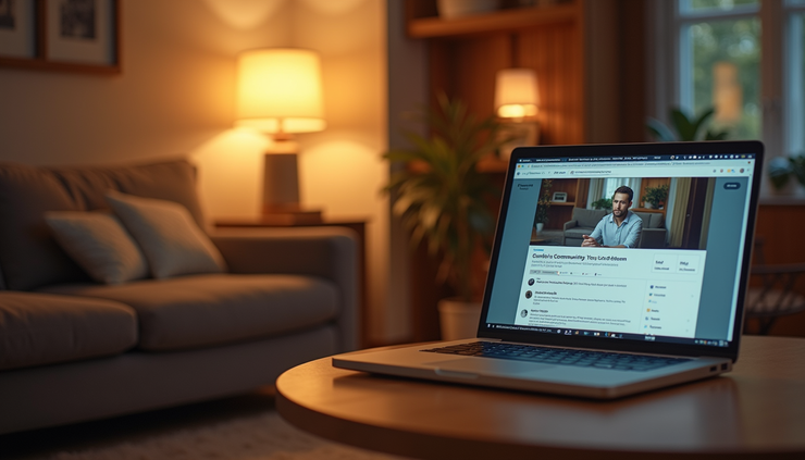 Eye-level view of a cozy living room with a laptop open to a community forum