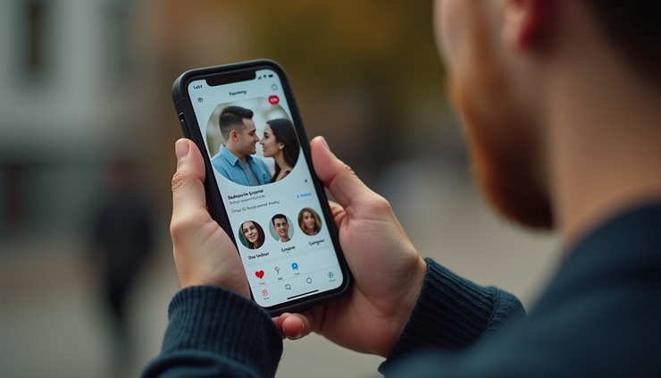 Eye-level view of a young person using a smartphone with dating apps open