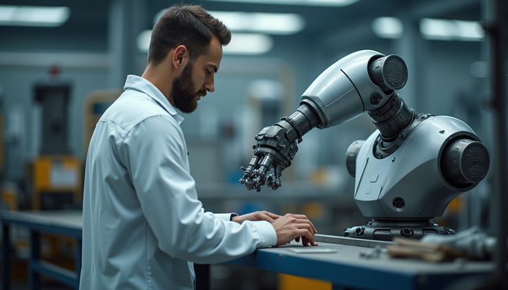 Eye-level view of a collaborative robot arm assisting a technician in an industrial setting