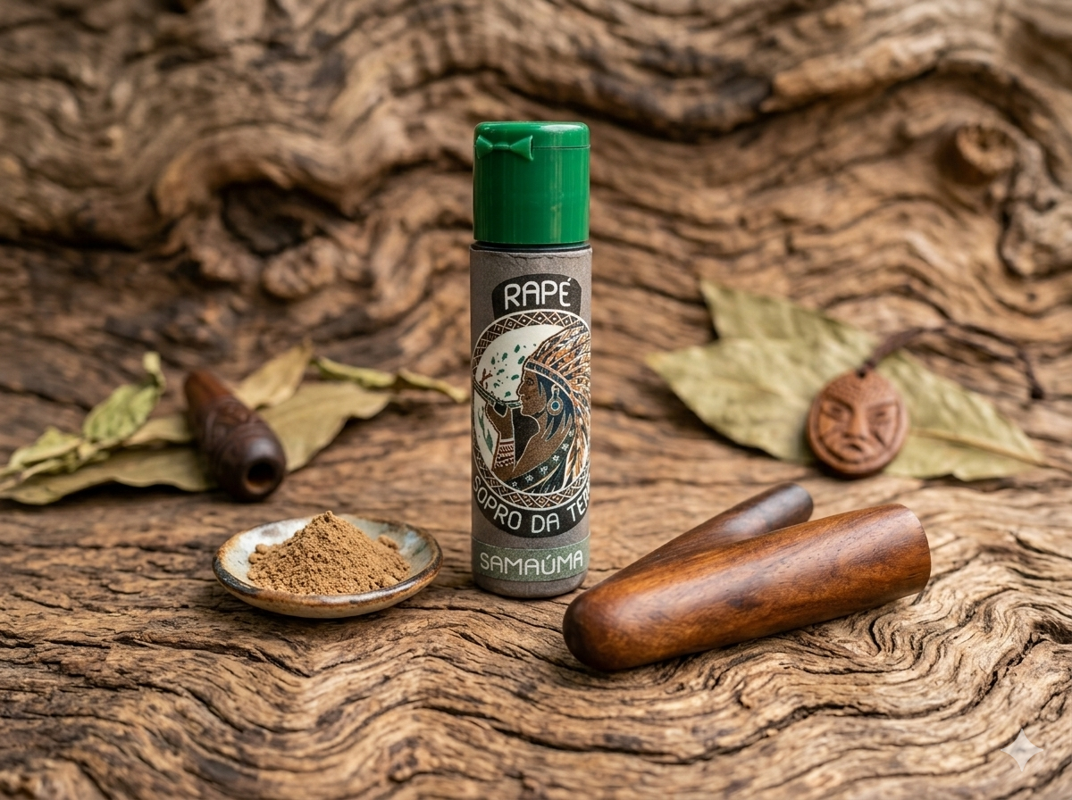 Rapé Murici medicinal artesanal da Sopro da Terra em frasco com tampa verde e kuripe de madeira rústica.