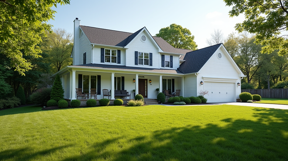 Wide angle view of a modern single-family home with a spacious front yard in Delaware County