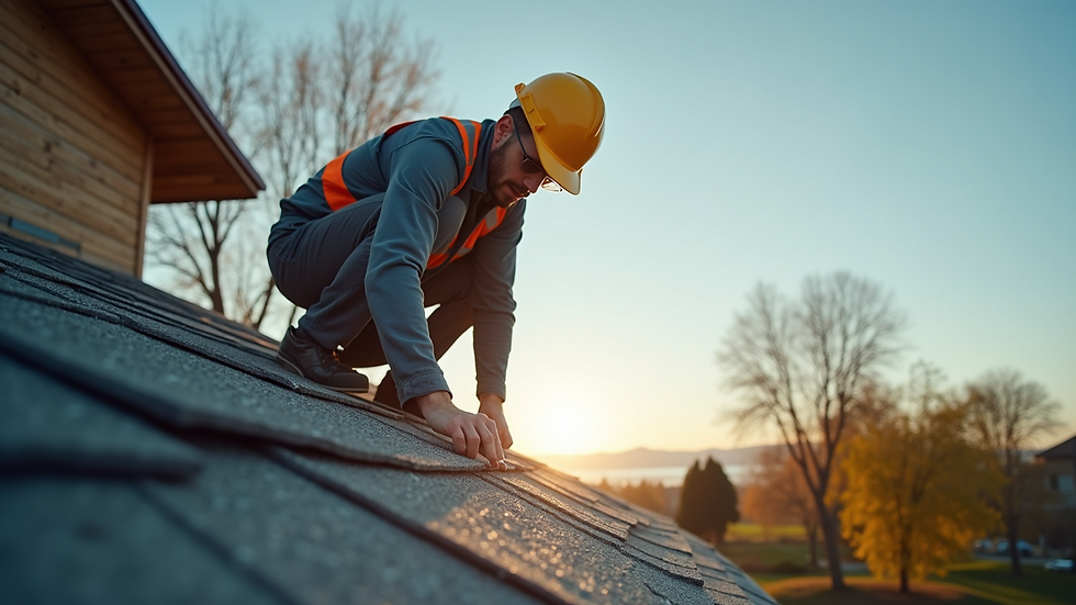 Eye-level view of a home inspector examining a roof