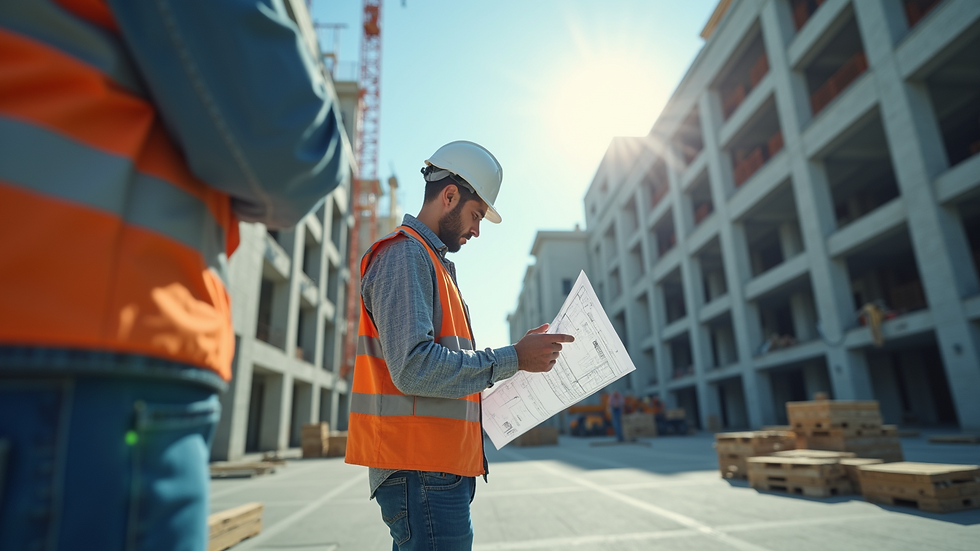 Eye-level view of a construction manager reviewing blueprints on-site