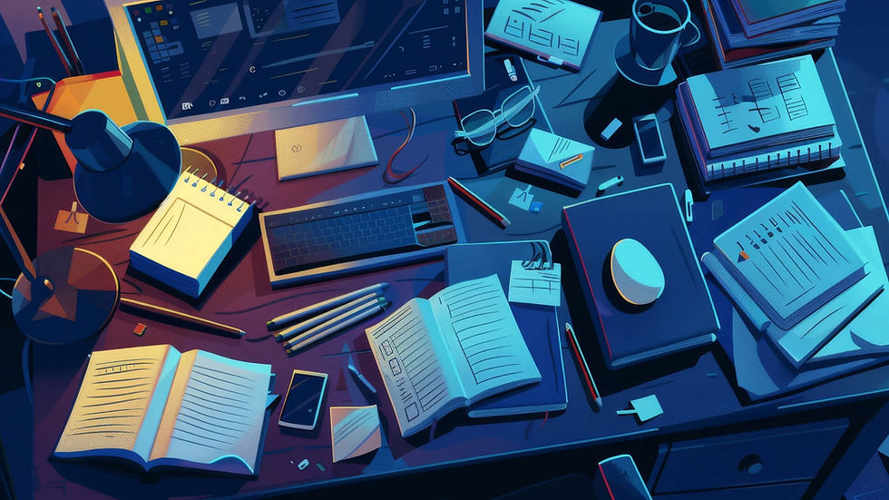 Cluttered desk with open books, notepads, and pencils. A computer screen glows in a dim room. Glasses, coffee cup, and scattered papers.