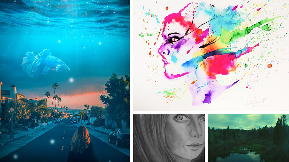 Surreal collage: woman on a street under a fish-filled sea, colorful abstract face, monochrome portrait, and a forest landscape with a pond.