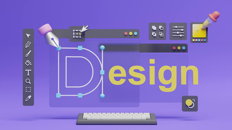 3D design tools on a purple background with a "Design" text in yellow. Features a pen tool, icons, and a keyboard, conveying creativity.