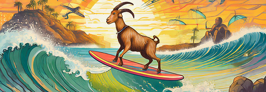 Firefly wave surfing goats on a surf board catching a wave at sunset - sunrise colors. In
