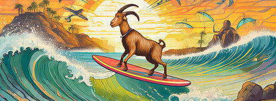 Firefly wave surfing goats on a surf board catching a wave at sunset - sunrise colors. In